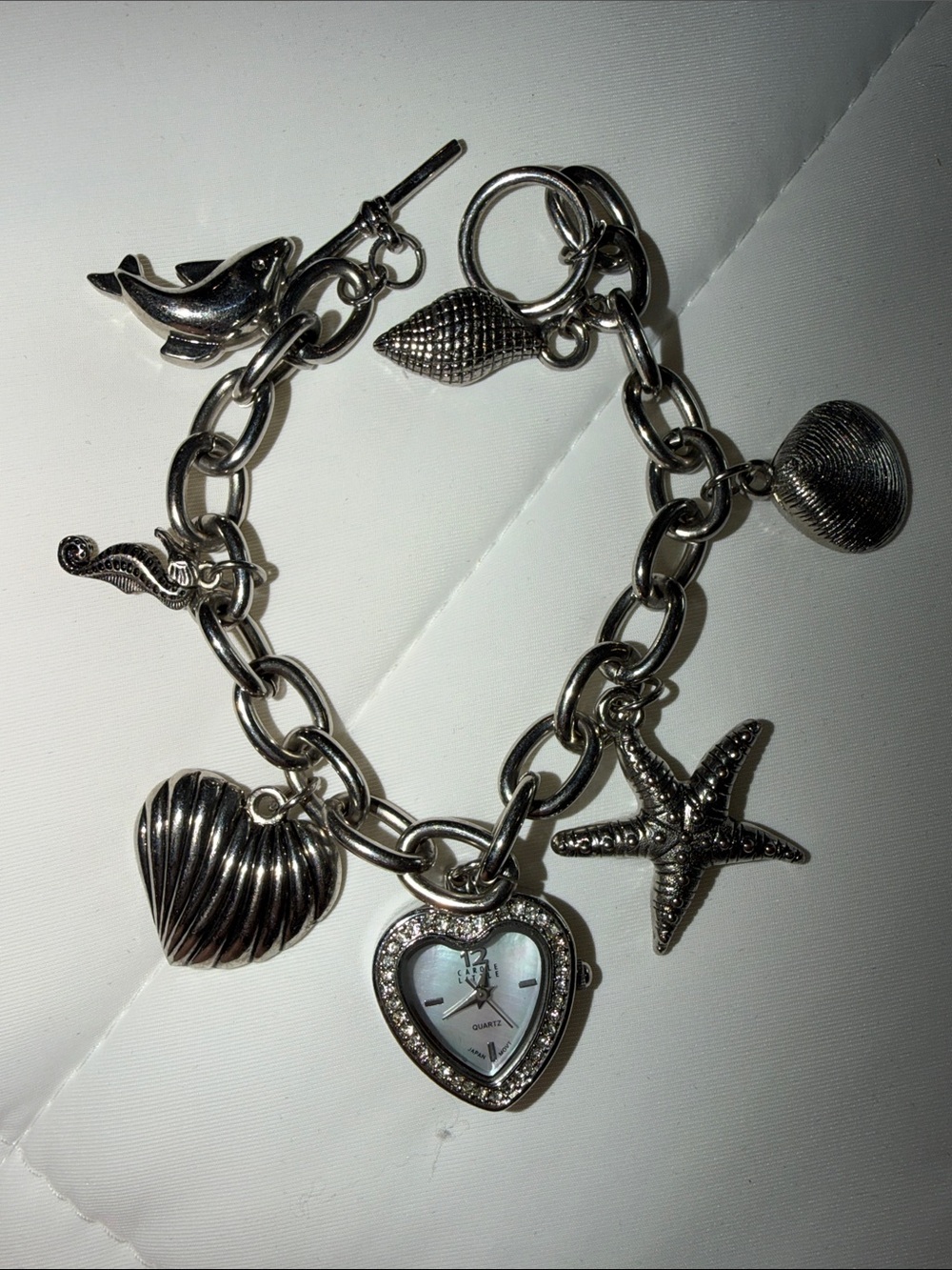 Silver Heart Charm Bracelet Watch with Ocean Charms - Women Jewelry